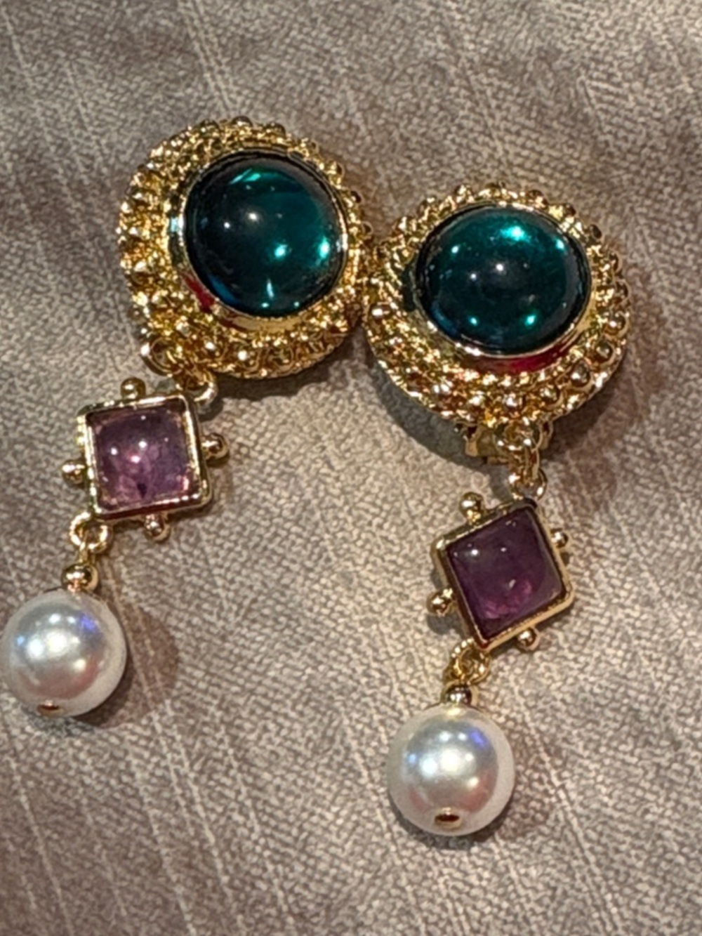 Ben-Amun Gold Drop Earrings with Teal, Purple and Pearl Drops Clip On NEW